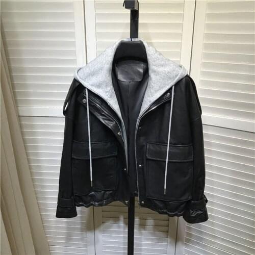 Korean style Womens brand new design loose Hooded jackets high quality genuine leather short coat B637