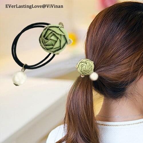 Women Hair Accessories sheepskin Beads Headbands Ponytail Holder Girls Scrunchies Vintage Elastic Hair flower Rubber Rope