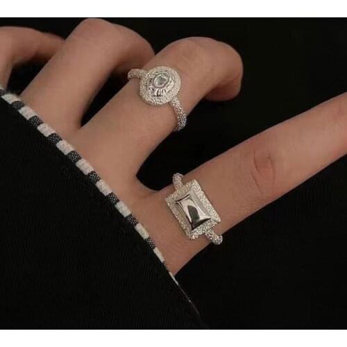 VSnow Korean Statement Bling Bling Rhinestone Square Circle Ring for Women Creative Open Adjustable Index Finger Ring Jewelry