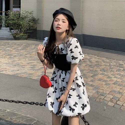 Summer Dress Retro Boho Women Tie Neck Floral Print Floral Mini Sexy White Dress Elegant Puff Sleeve Dresses 2021Korean fashion