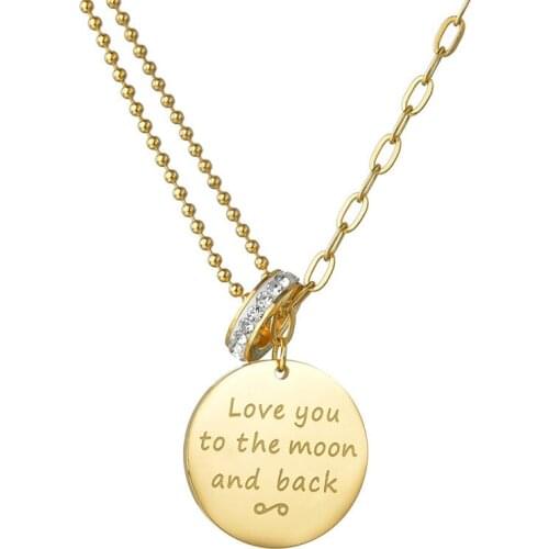 I Love You To The Moon And Back Necklace For Women Girls Girlfriend Mom Sister Birthday Gift Stainless Steel GOLD Zircon Chain