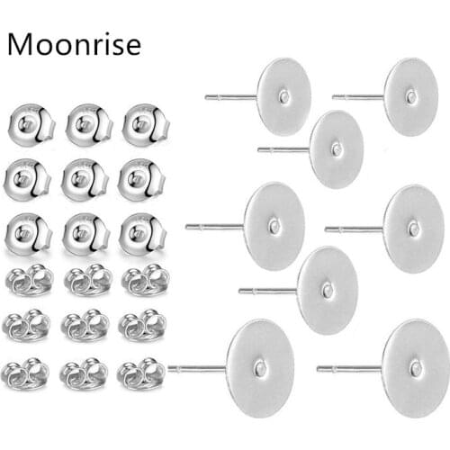 50Pcs Hypoallergenic Earring Posts 925 Silver Plated Brass Stud Earrings 4 5 6mm Flat Pad Blank Findings Butterfly Earring Back