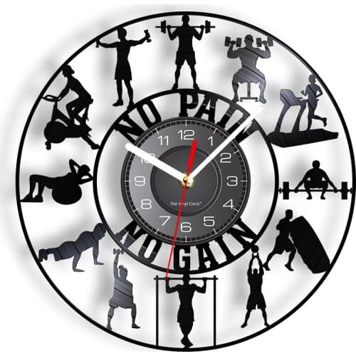 No Pain No Gain Inspired Vinyl LP Retro Wall Clock Work Out Keep Fit Exercise Gym Decorative Wall Watch Gift For Bodybuilders