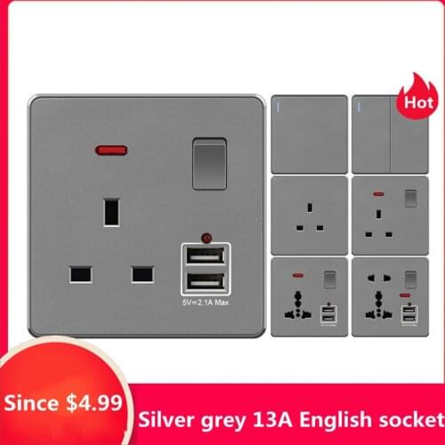 Depoguye Silver Grey UK Wall Switch Socket with USB, UK Power Socket with USB Plug, EU Universal Wall Outlet AC110V -250V