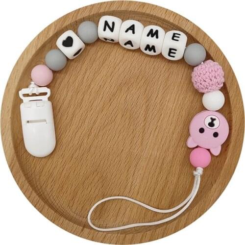 Personalized NameTeether Holder Russian English Name Silicone Teether Chain Newborn Teething Chain Baby Teething Toy Bear Beads