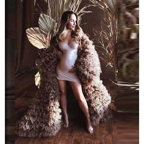 Kakhi Tulle Robes Pregnant Dresses Puffy Tiered Tulle Dresses Maternity Dresses For Photo Shoot Sleeve Birthday Outfit