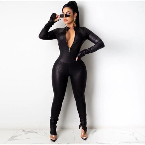 PU Leather Sexy Zippper Design Belted Rompers Womens Jumpsuit Solid Skinny Bodycon One Piece Overalls Women Jumpsuits
