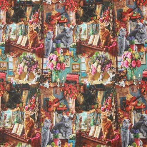 Cartoon Cat Flowers Book Guitar Print 100% Cotton Fabric for Girl Clothes Bedding Set Hometextile Cushion Cover Backpack DIY