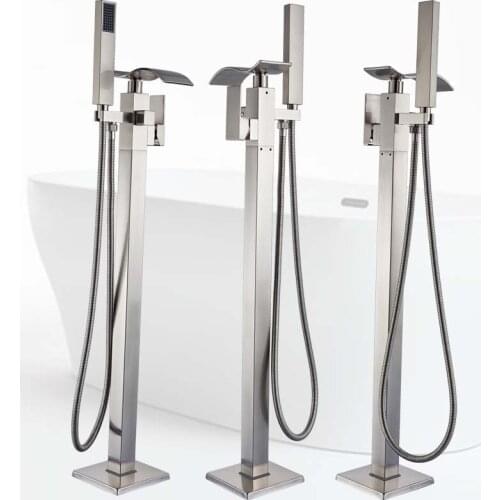 Brushed Nickel Bathtub Mixer Faucet Floor Mounted Waterfall Tub Sink Faucet Single Handle Bath Shower Set with Hand Shower