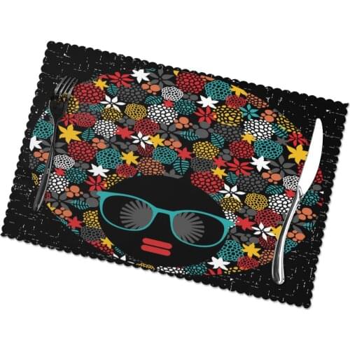 Set of 6 Hippie Black Head Woman With Strange Hair Placemats for Dining Table Place Mat in Kitchen Accessories Cup Wine Mat