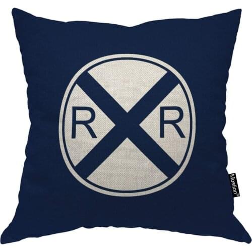 Moslion Throw Pillow Cover Traffic Sign 18x18 Inch Train Railroad Crossing Dark Blue White Square Pillow Case Cushion Cover Home