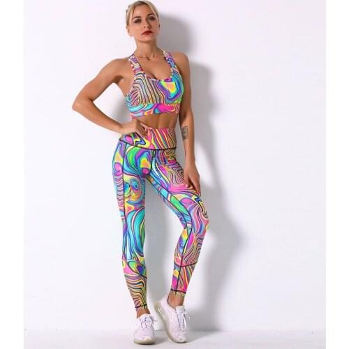 New Women Printed Colorful Leggings Geometry Print Running Yoga Suits Sportswear High Waist Fitness Leggings Sports Set Gym Suit