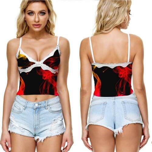 European and American New Trend Wholesale Smoke Pattern 3D Printed Sexy Chest Show Trend Lace V-neck Sling Vest