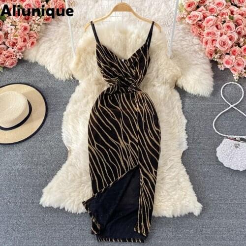 Aliunique Trendy New Sexy Split V-neck Dress For Women 2021 Summer Fashion Leisure Temperament Vacation Lady Party Sling Dress