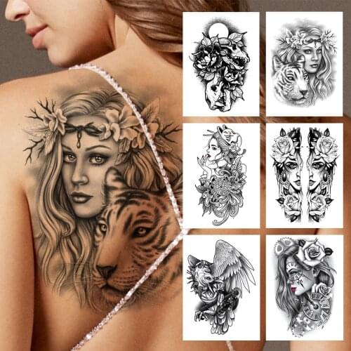 Tribal Tiger Lady Temporary Tattoo For Women Men Adult Feather Demon Dinosaur Tattoos Sticker Black Body Art Painting Tatoo Back