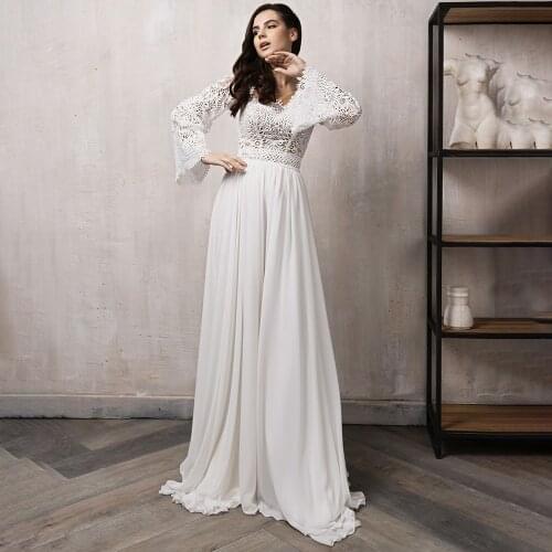 Big Size Beach Princess Wedding Dress Boho Cut-Out Lace Custom Made Long Sleeves Custom Made Chiffon Bridal Gowns Short Train
