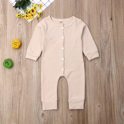 Pudcoco Newborn Baby Boy Girl Clothes Solid Color Button Cotton Soft Long Sleeve Romper Jumpsuit One-Piece Outfit Casual Clothes