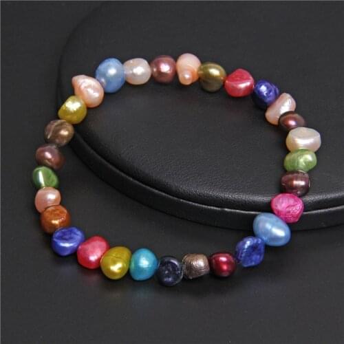 Rainbow Natural 7-8MM Pearl Bangle Colourful Baroque Freshwater Pearls Bracelet Elastic Beaded Chain for Women Men Jewelry Gifts