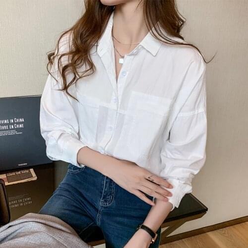 2021 Spring Autumn Fashion White Cotton Shirt Female Version Korean Loose Literature Art Style Casual Pocket Double