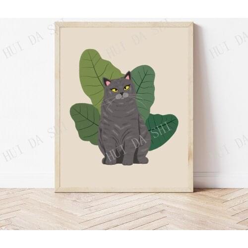 Gray cat, Russian blue, Funny cat wall art, Cat drawing, Cat decorations, Kitchen decoration, Bohemian style