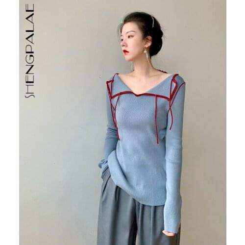 SHENGPALAE fashion chic contrast colour knitted pullovers womens autumn 2021 new lapel lace up slim long sleeve sweater female