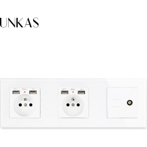 UNKAS Glass Panel Double French Standard Socket with 4 USB Charging Port Female TV Jack With Internet Computer Data RJ45 CAT5E