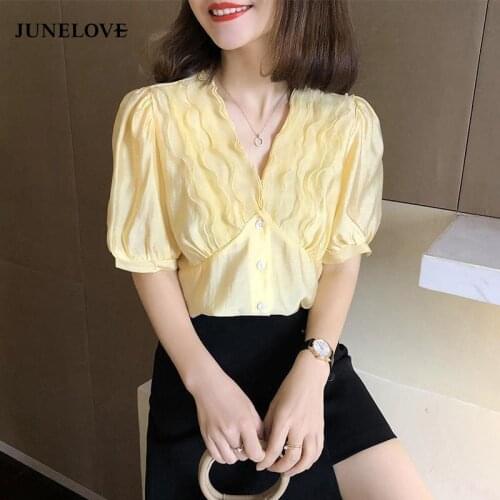 JuneLove Women V-neck Short Sleeve Shirt Female Summer Top Chiffon Blouse Ruffles Office Ladies Tops Blusas Mujer De Moda 2020