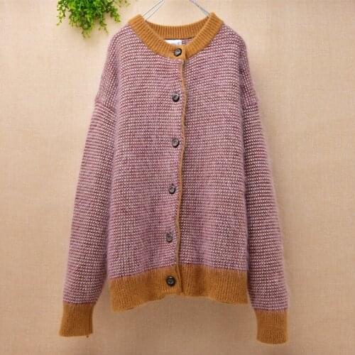 Ladies women thick warm hand knitted mink cashmere multicolor long sleeves loose cardigans angora fur jacket coat autumn winter