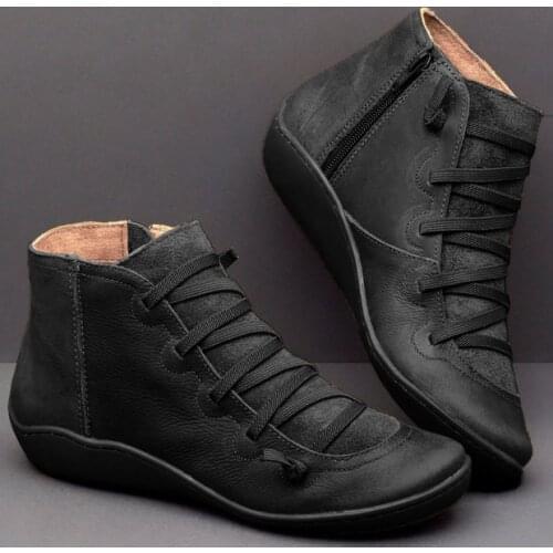 MR CO Woman Women PU Leather Ankle Boots Women Autumn Winter Cross Strappy Vintage Women Punk Boots Flat Ladies Shoes