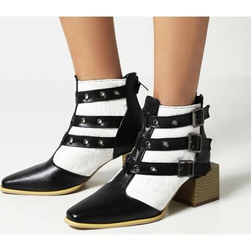 Oversized Metal Round Hole Three Belt Buckle Pointed Square Heel Womens Boots Wood Grain Thick Heel Color Matching Ankle Boots