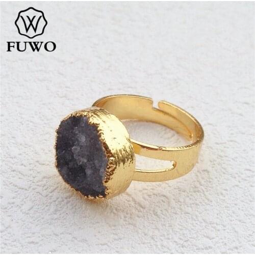 FUWO Natural Druzy Agates Rings 24K Gold Electroplate Round Shape Elegant Gray Rings For Women Jewelry Resizable RG005