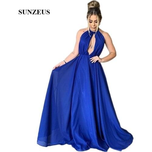 Keyhole Front Sexy Prom Dresses Long 2021 Newly Halter A-Line Royal Blue Chiffon Prom Gowns Backless Girls Graduation Wear