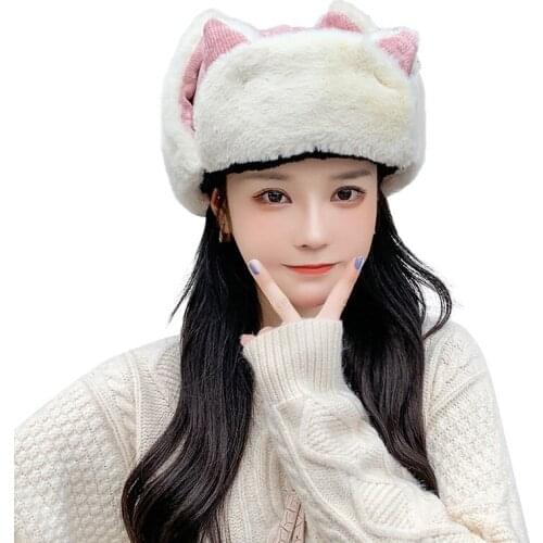 Winter Hat Female Ushanka Outdoor Bicycling Cute Cat Bonnet Earflaps Long Plush Bear Winter Cap Women