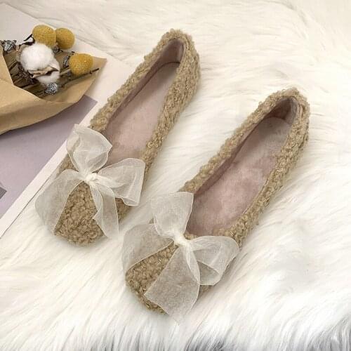 Winter Women shoes New Fashion Lace bow Peas Shoes Female Wear Wild Warm Lazy shoes Pedal Casual Plush Shoes U12-95