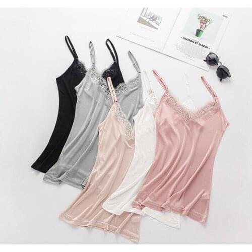 1pc 50% Silk 50% Viscose Knit V neck Lace Camisole Top Vest Shirt Sleepwear Spaghetti Strap M-2XL SS005
