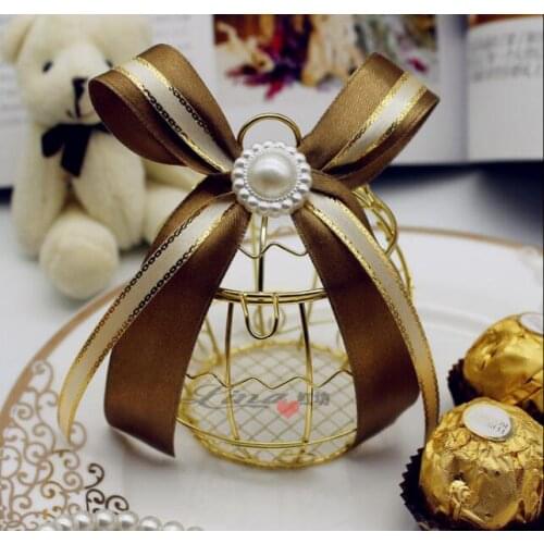 36pcs/lot Champagne wedding horse mouth iron bell wedding candy box European back gift wrought iron gold bird cage wedding