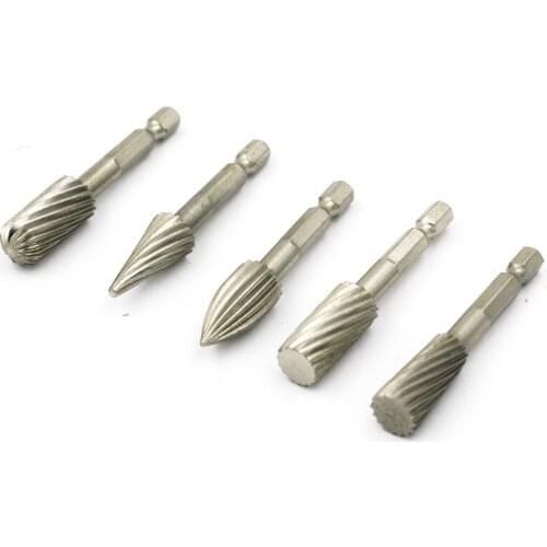 5pcs 1/4" Hex Shank Rotary Files Burr Set For Wood Carving Electric Grinder Rasp