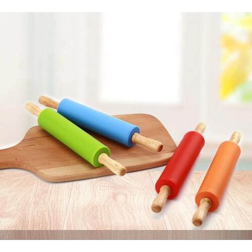 Non Stick Wooden Handle Silicone Rolling Pin Pastry Cookie Flour Dough Cooking Bakware Tools Kitchen Accessories