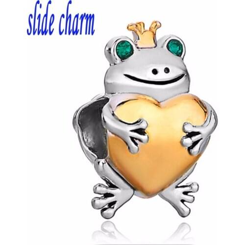 Slide charm Free shipping green crystal eyes amphibian frog hugging golden love charm beads fit Pandora bracelet