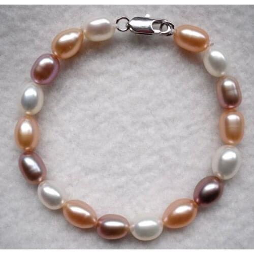 7-8MM Size Oval Shape Multi-color Natural Freshwater Pearl Bracelet Classical Bangle Fashion Jewelry