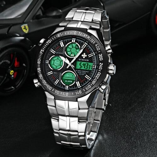 WWOOR Army Black Watch Mens 2020 Luxury Brand LED Digital Analog Quartz Big Watch Double Dial Watches Men Sport Waterproof Clock