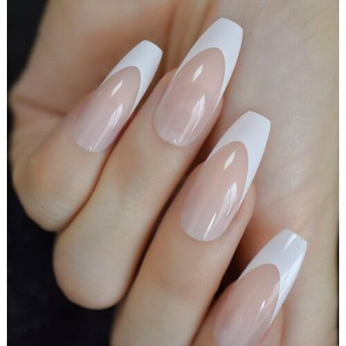Long Coffin French Tip Fur Color Nude Faux Ongles White Smile Line Decoration Ballerina False Nails 24 Ct