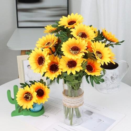 Artificial Flowers 39cm Sunflower Realistic Silk With Green Leaves Decorative Flower Pot Yellow Home Wedding Artificial Plants