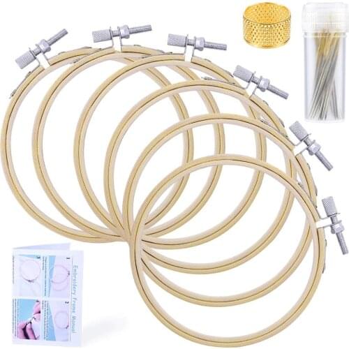 KAOBUY Embroidery Hoop Set, 6 Pcs Cross Stitch Hoops, Embroidery Circle With Sewing Needles, Thimble For Cross Stitch Craft