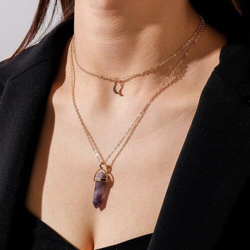 Natural Stone Crystal Pendant Silver Color Double Moon Hexagonal Column for Charms Women Necklaces Jewelry Accessories