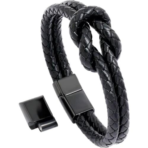 New Stainless Steel Black Multilayer PU Leather Bracelet For Men Magnetic Clasp Button Vintage Male Braid Bangle Jewelry