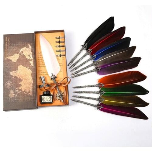1set Retro Vintage Calligraphy Feather Dip Pen Writing Ink Set Stationery Quill Fountain Pens Creative Vintage Pen Dropshipping