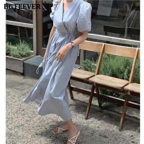 BGTEEVER Vintage Chic Puff Short Sleeve Women Midi Dress V-neck Lace-up Slim Waist Female A-line Dress Elegant Vestidos Femme