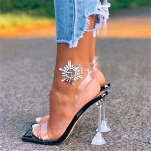 Fashion Square Toe Summer Women Sandals Transparent Rhinestone Spike Heels Thin High Heel Buckle Strap Party Dress Ladies Shoes