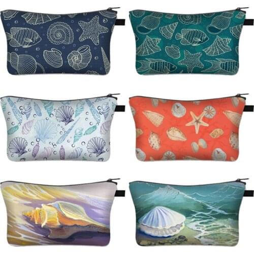 Sea Conch Drawing Print Cosmetic Bags Women Toiletries Bags Kawaii Girls Makeup Bags Wash Pouch Cosmetic Case Small Handbag